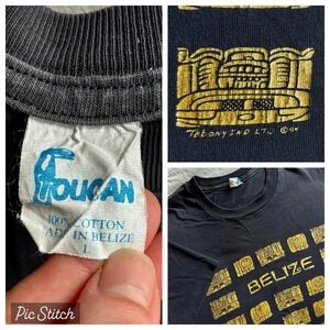 Vtg 90s Toucan Single Stitch T Shirt Belize Maya Glyphs Men L Black Gold Travel
